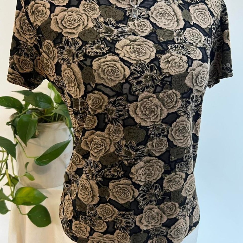 Vintage Y2K Micro-mesh Burnout Whimsygoth Black & Brown Floral Mesh Top - Picture 4 of 7